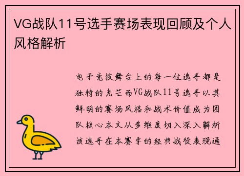 VG战队11号选手赛场表现回顾及个人风格解析
